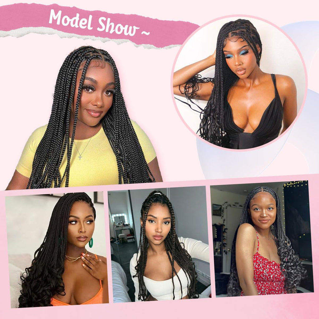 36 Inch Braided Wigs With Curly Ends 360 Single Full Lace French Curl Braided Wigs for Black Women Knotless Box Braid Wig with Baby’s Hair
