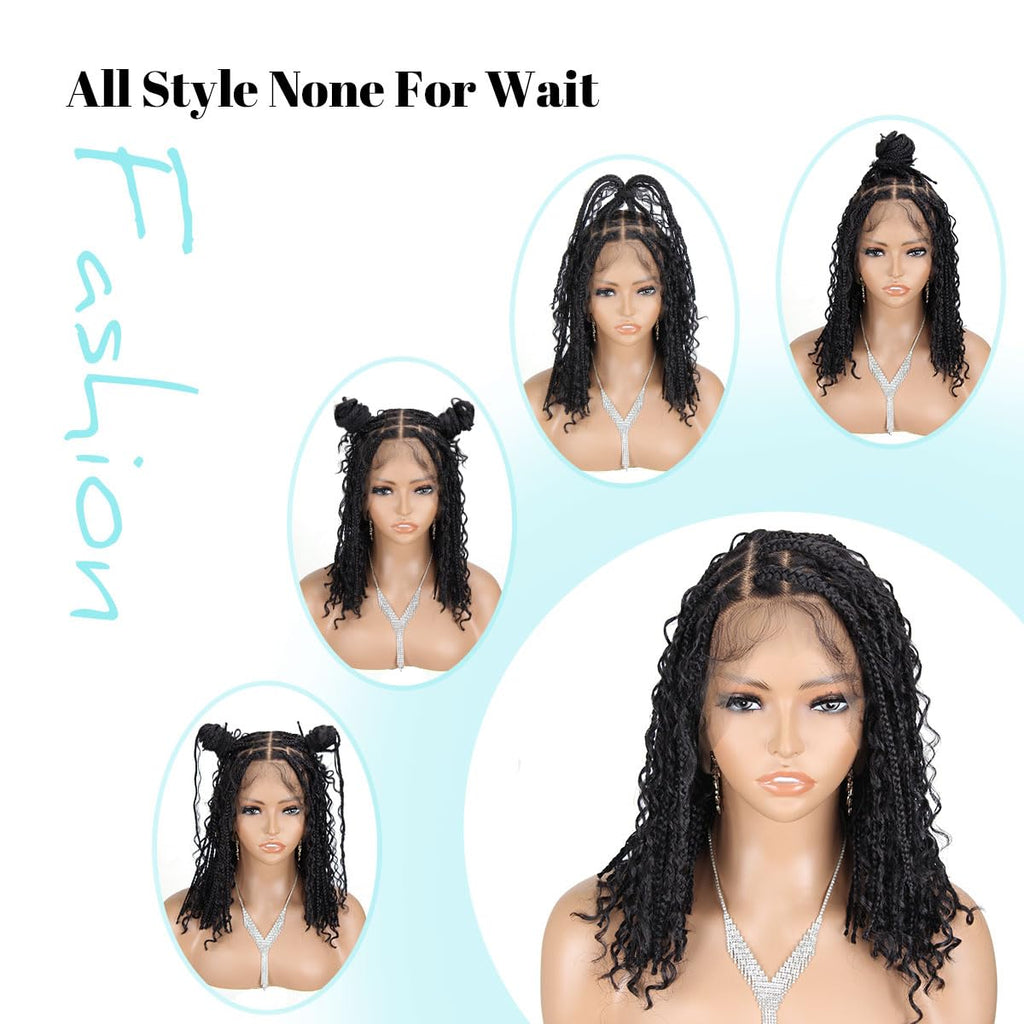 Sangtok 12 inch Knotless Boho Box Braid Wigs 360 Single Full Lace Braided Curly Wigs for Black Women Synthetic Black Braided Lace Wig