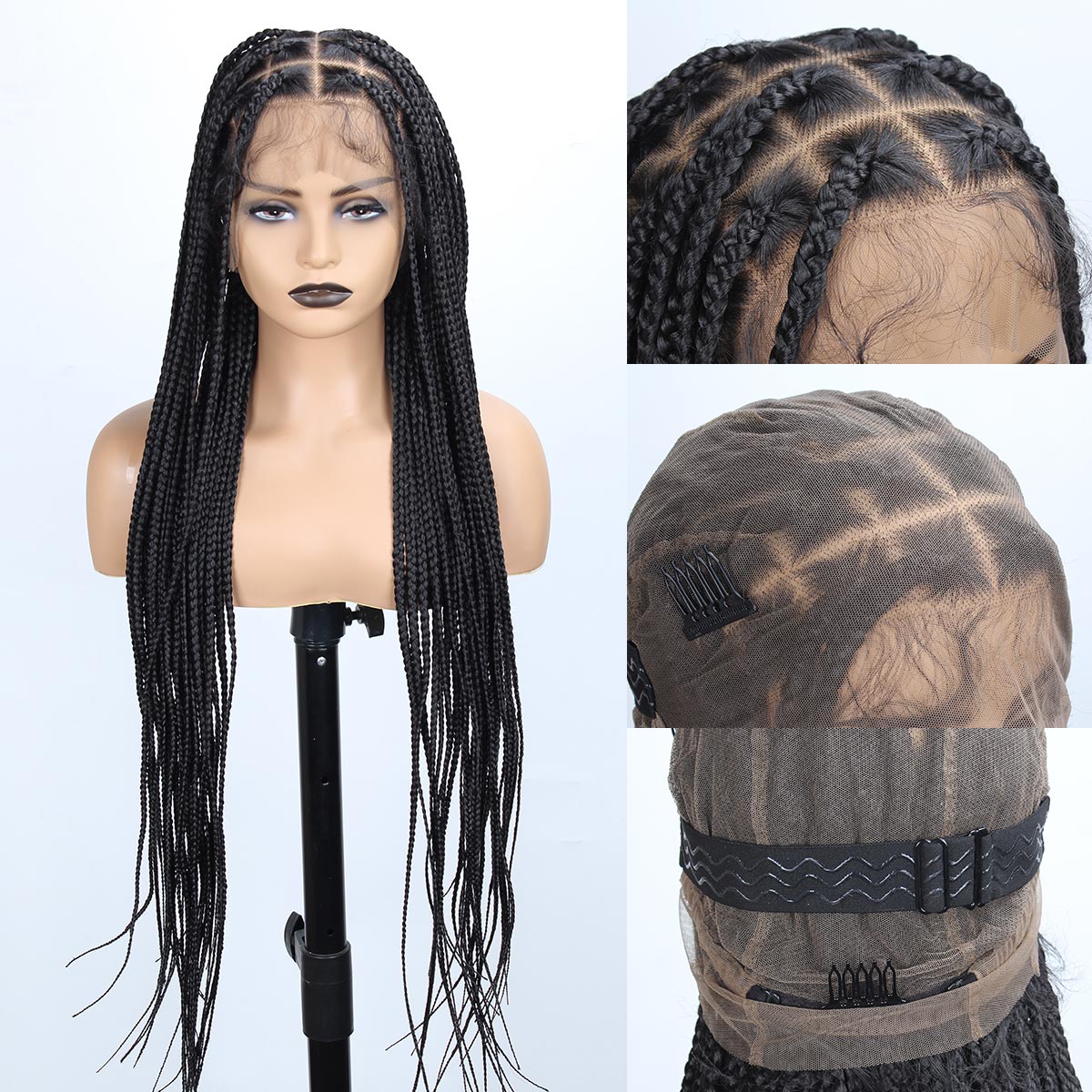Sangtok 36 inch Knotless Box Braid Wigs 360 Single Full Lace Braided Wigs for Black Women Synthetic Black Braided Lace Wig