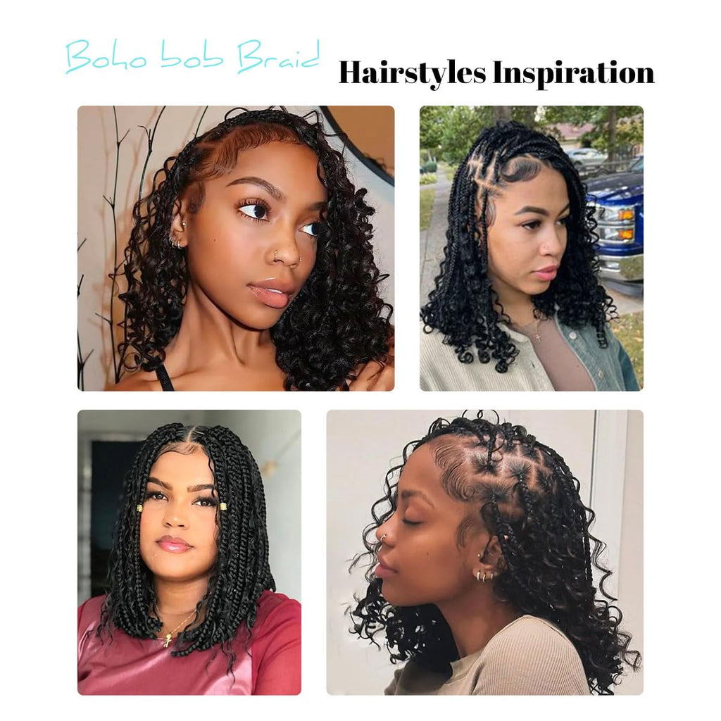 Sangtok 12 inch Knotless Boho Box Braid Wigs 360 Single Full Lace Braided Curly Wigs for Black Women Synthetic Black Braided Lace Wig