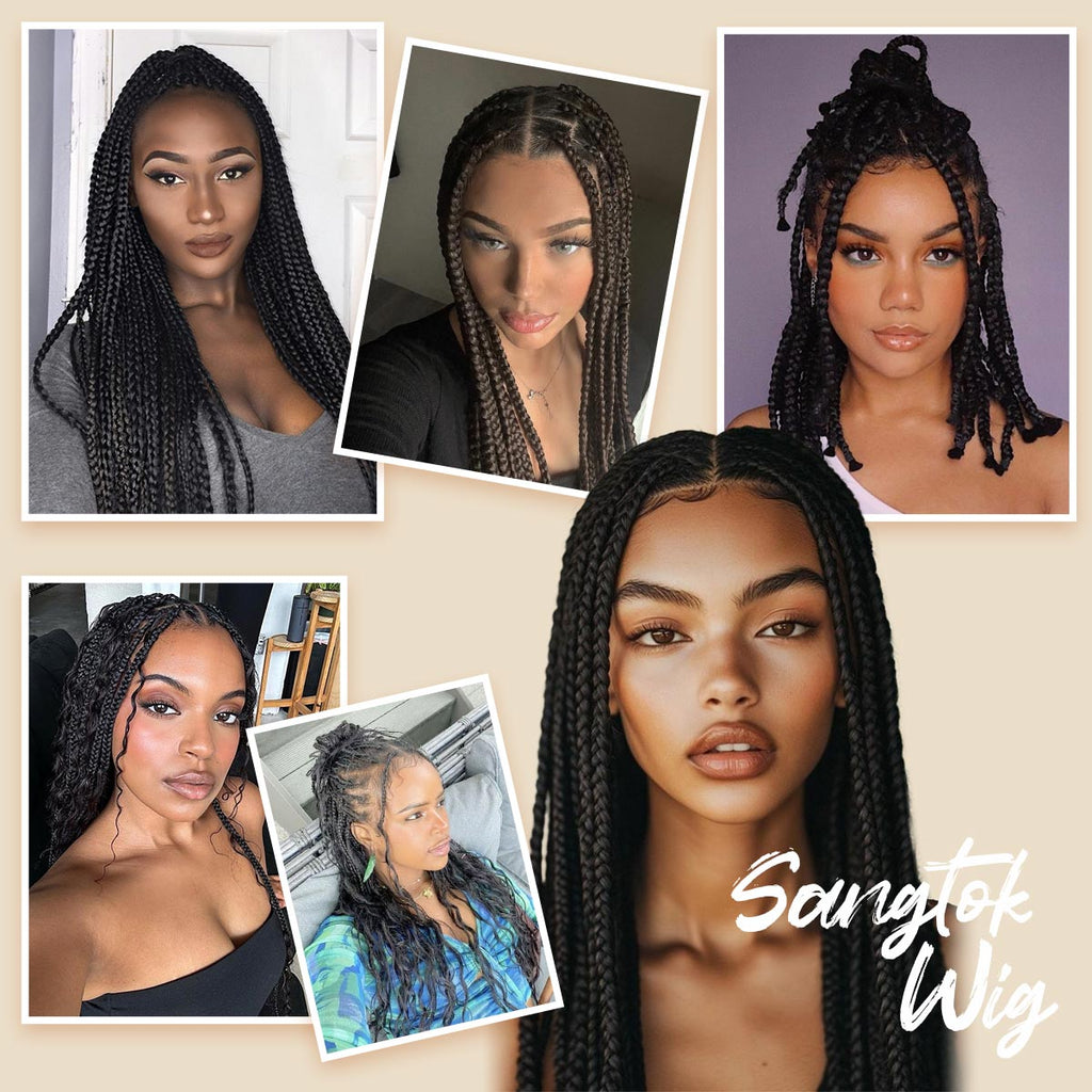 Sangtok 36 inch Knotless Box Braid Wigs 360 Single Full Lace Braided Wigs for Black Women Synthetic Black Braided Lace Wig