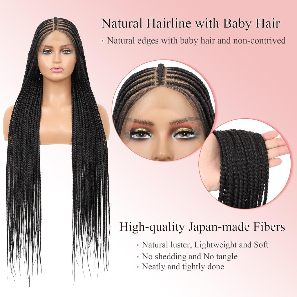 13X8 Lace 36 Inch Front Cornrow Braided Wigs for Black Women Cornrow Box Braid Wigs with Baby Hair Black Lightweight Synthetic Natural Deep Side Parting Lace Frontal Box Braided Wig
