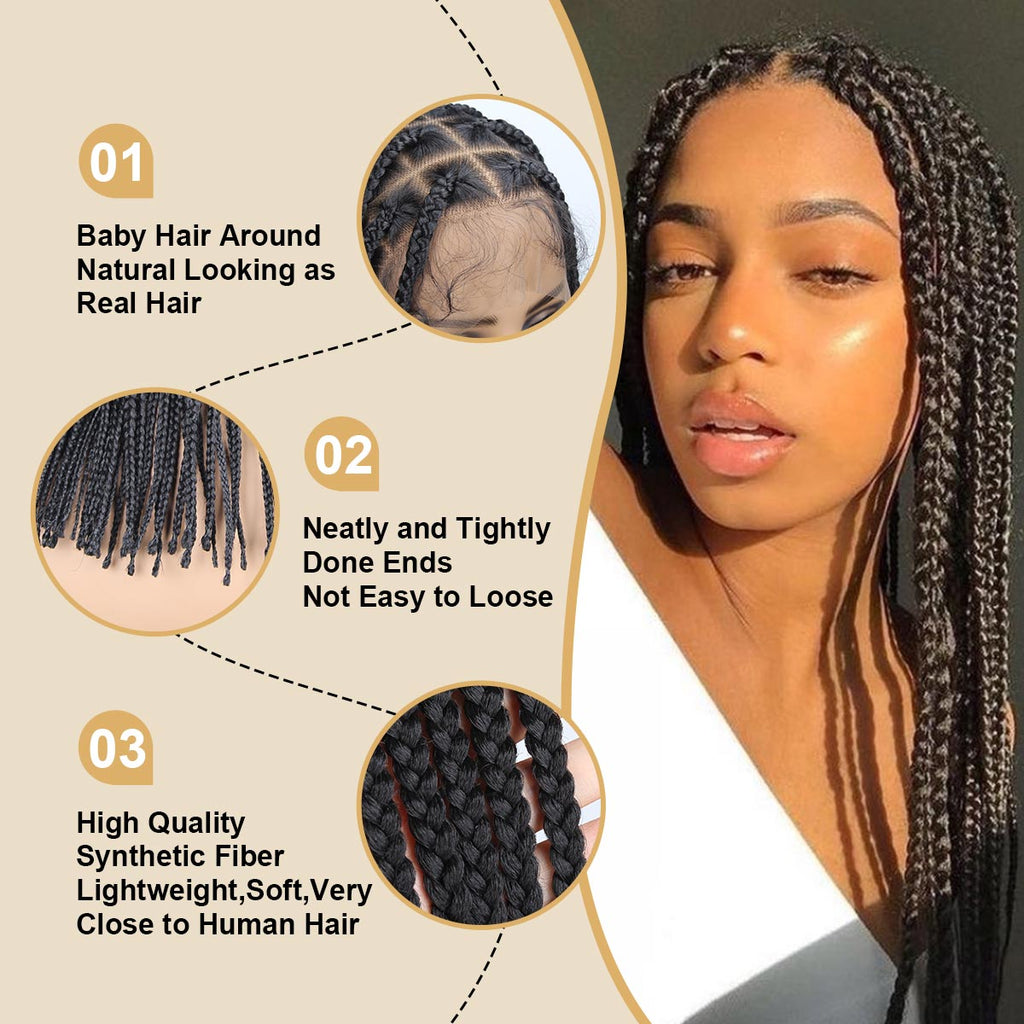 Sangtok 36 inch Knotless Box Braid Wigs 360 Single Full Lace Braided Wigs for Black Women Synthetic Black Braided Lace Wig