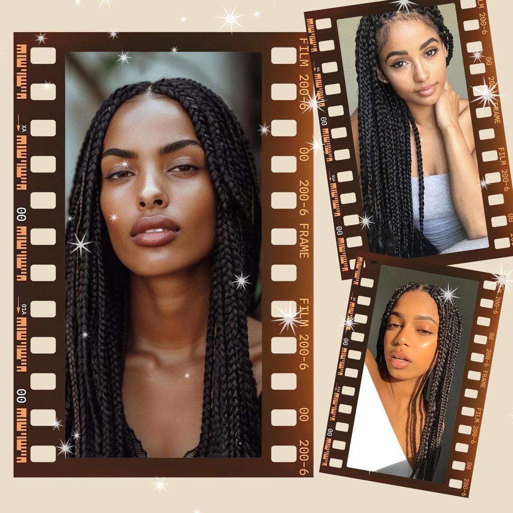 Sangtok 36 inch Knotless Box Braid Wigs 360 Single Full Lace Braided Wigs for Black Women Synthetic Black Braided Lace Wig